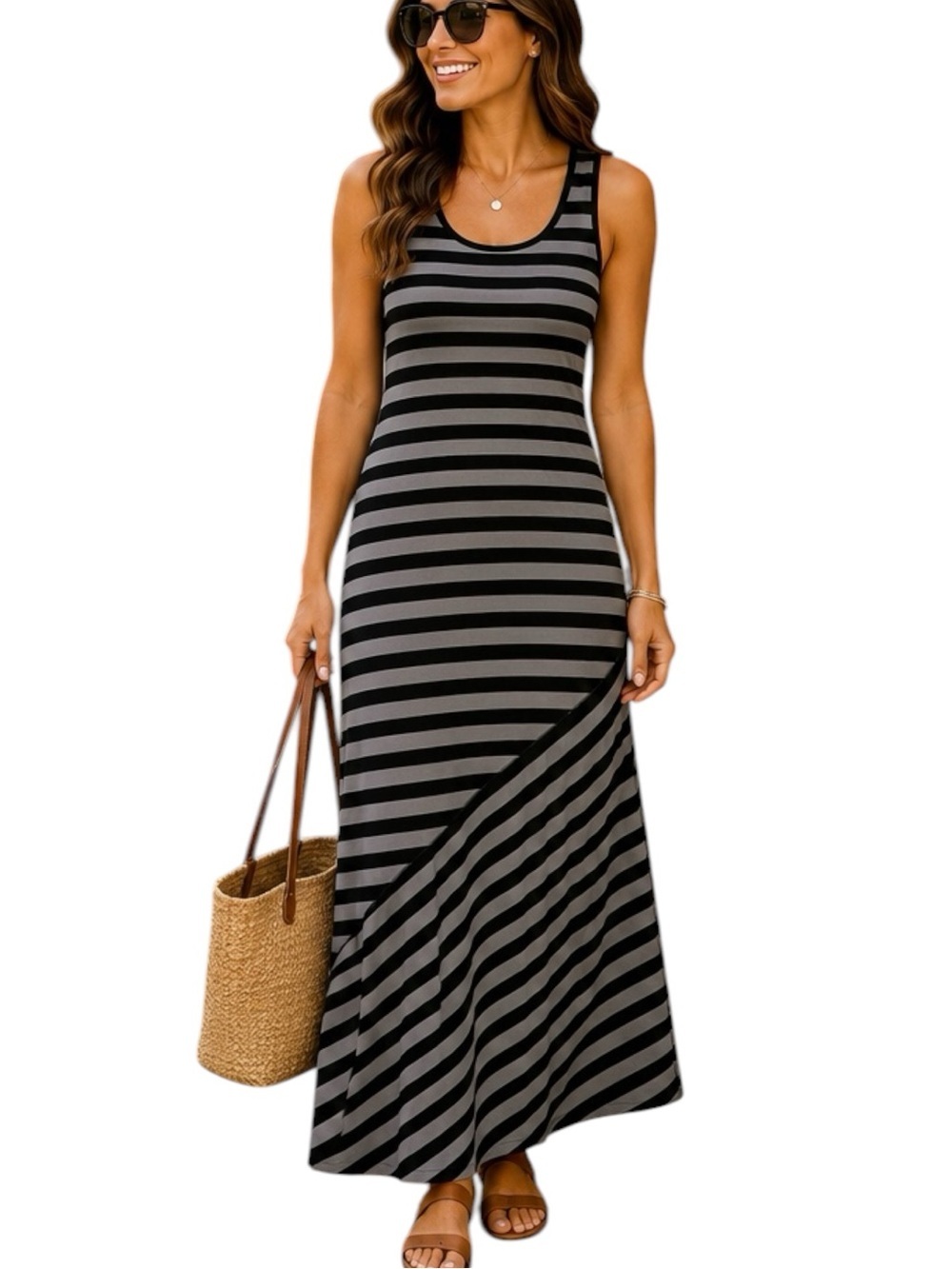 Derek Heart | Black and Grey Striped Maxi Dress Sz L GUC